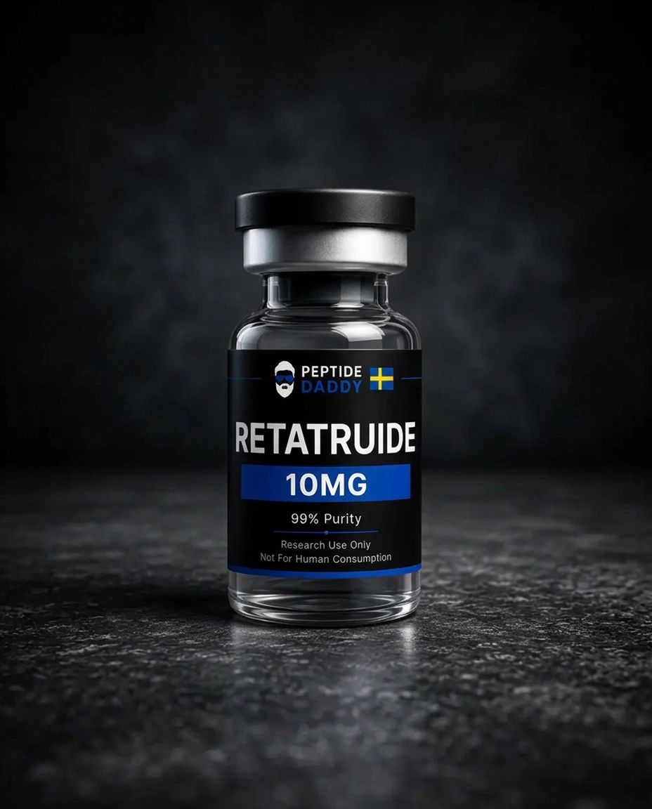 Retatrutide 10 mg forskningsflaska från PeptideDaddy